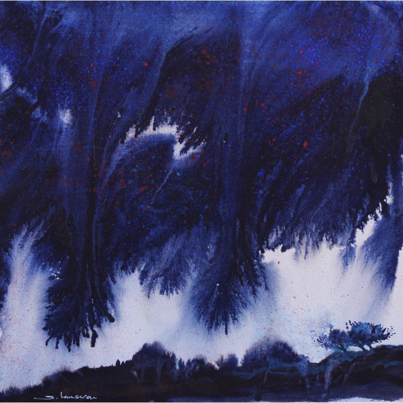 Peinture Les deux arbres sur la crète par Langeron Stéphane | Tableau Matiérisme Aquarelle