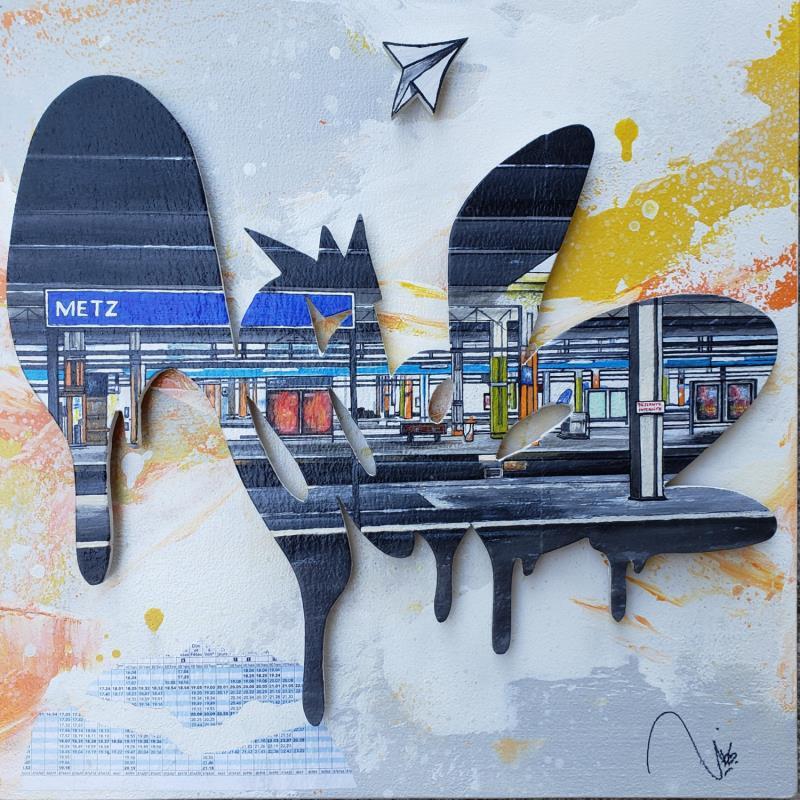 Painting Waiting for the train  by Lassalle Ludo | Painting Street art Landscapes Urban Architecture Wood Acrylic