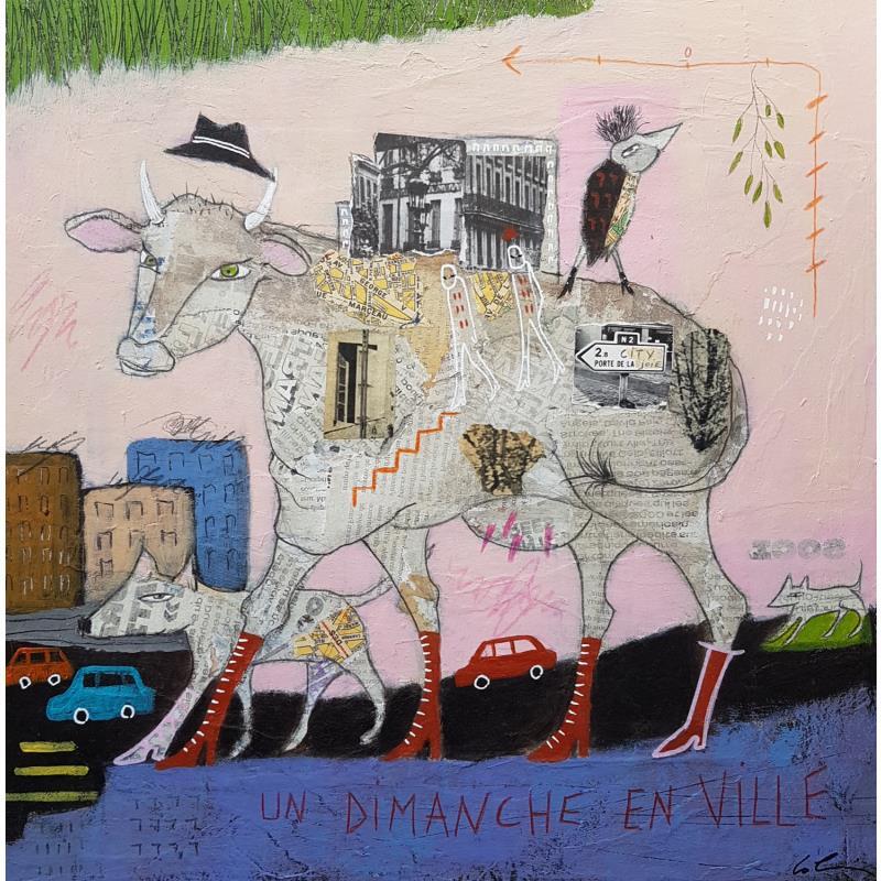 Peinture Un dimanche en ville  par Colin Sylvie | Tableau Art Singulier Animaux Acrylique Collage Pastel