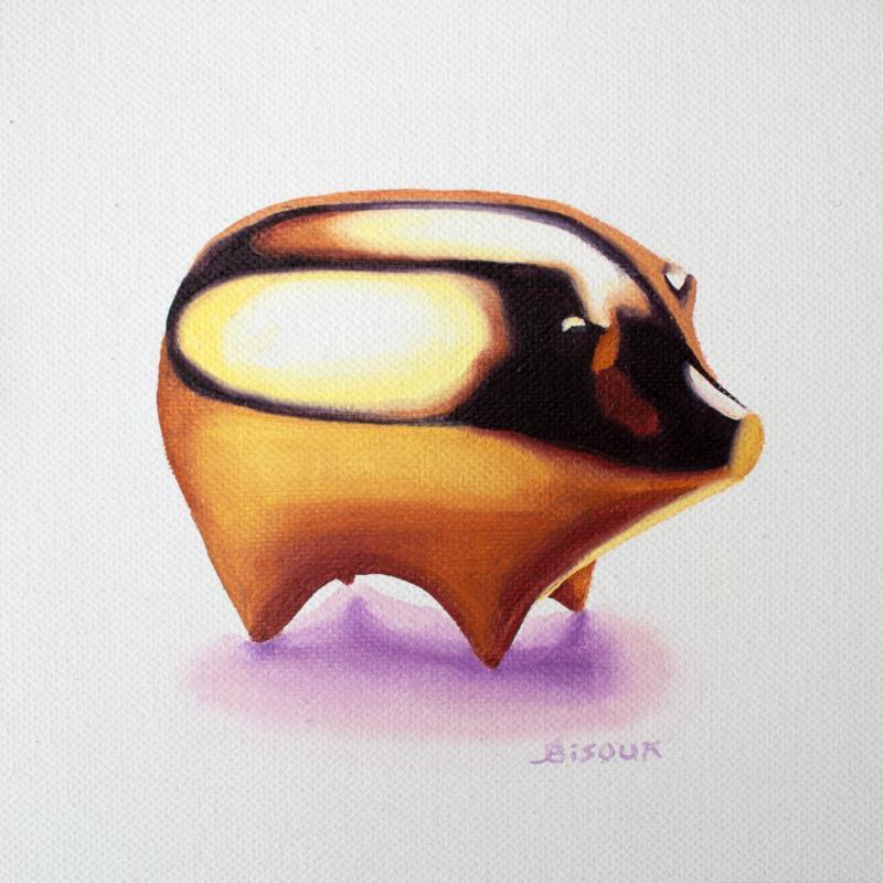 Peinture Golde Piggy par Bisoux Morgan | Tableau Figuratif Animaux Natures mortes Minimaliste Huile