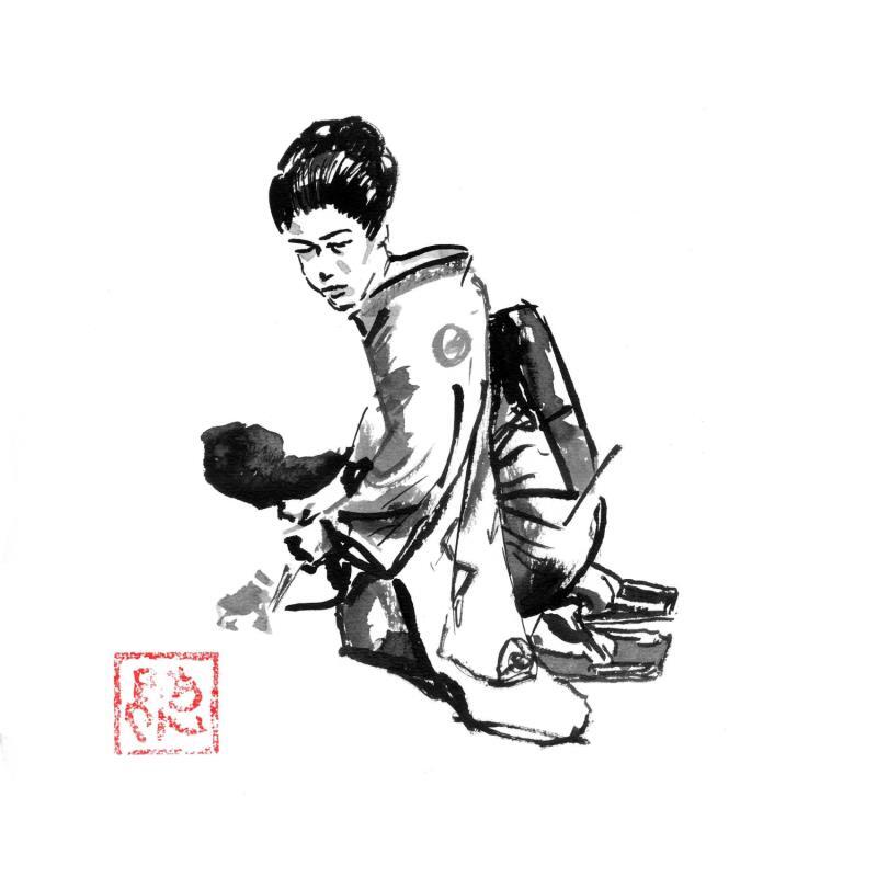 Peinture Geisha picking up par Péchane | Tableau Figuratif Encre