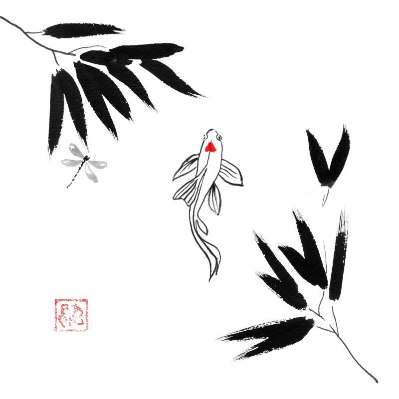 Painting Carp koi dragonfly by Péchane | Painting Figurative Ink