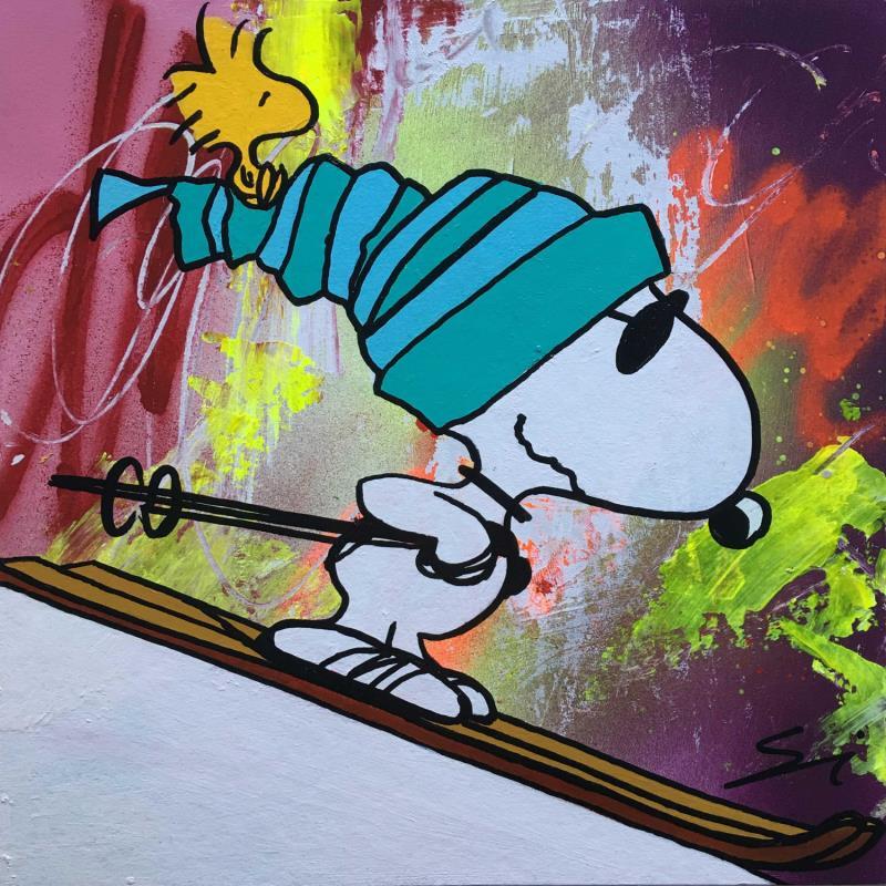 Gemälde SNOOPY GOING DOWN von Mestres Sergi | Gemälde Pop-Art Pop-Ikonen Graffiti Pappe