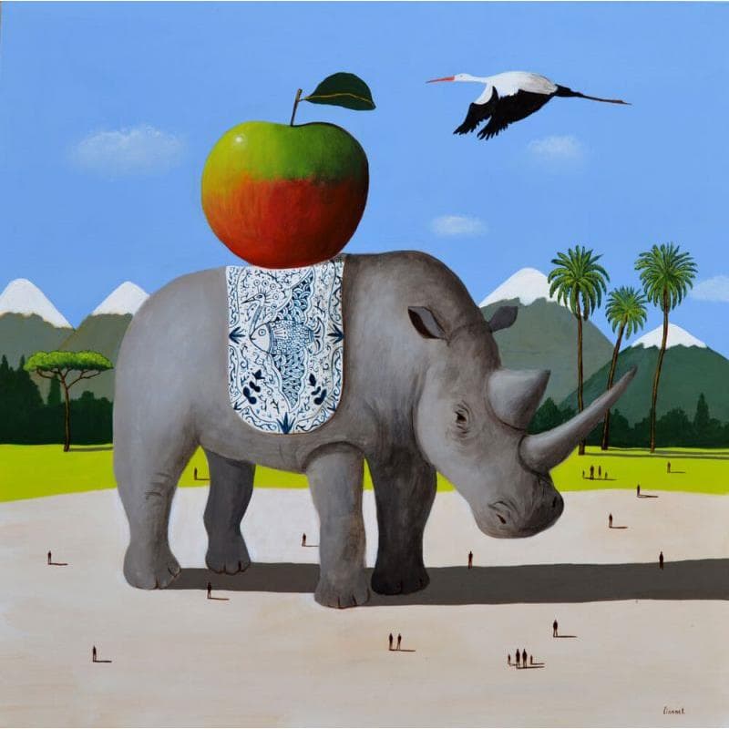 Gemälde Rhinocéros von Lionnet Pascal | Gemälde Surrealismus Acryl, Öl Tiere