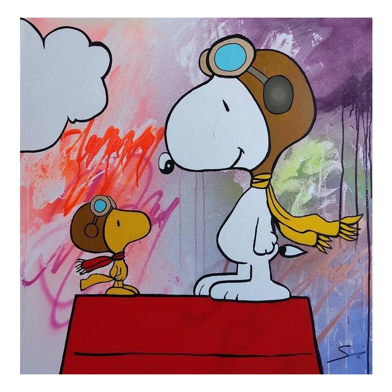 Peinture Snoopy is Always Dreaming par Mestres Sergi | Tableau Pop-art Graffiti Icones Pop
