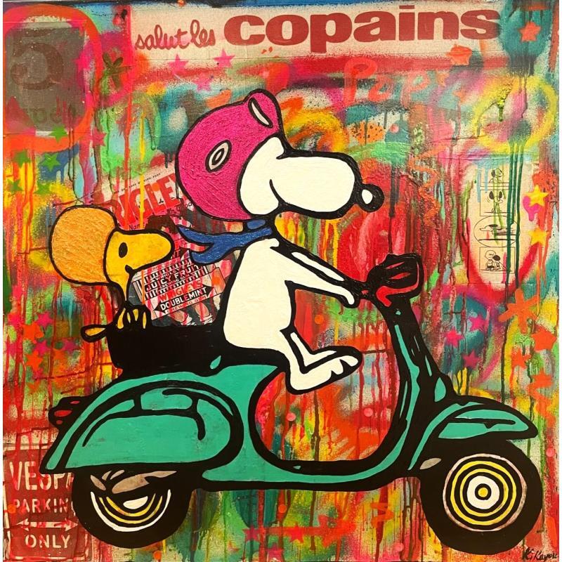 Gemälde Snoopy Vespa von Kikayou | Gemälde Pop-Art Pop-Ikonen Graffiti