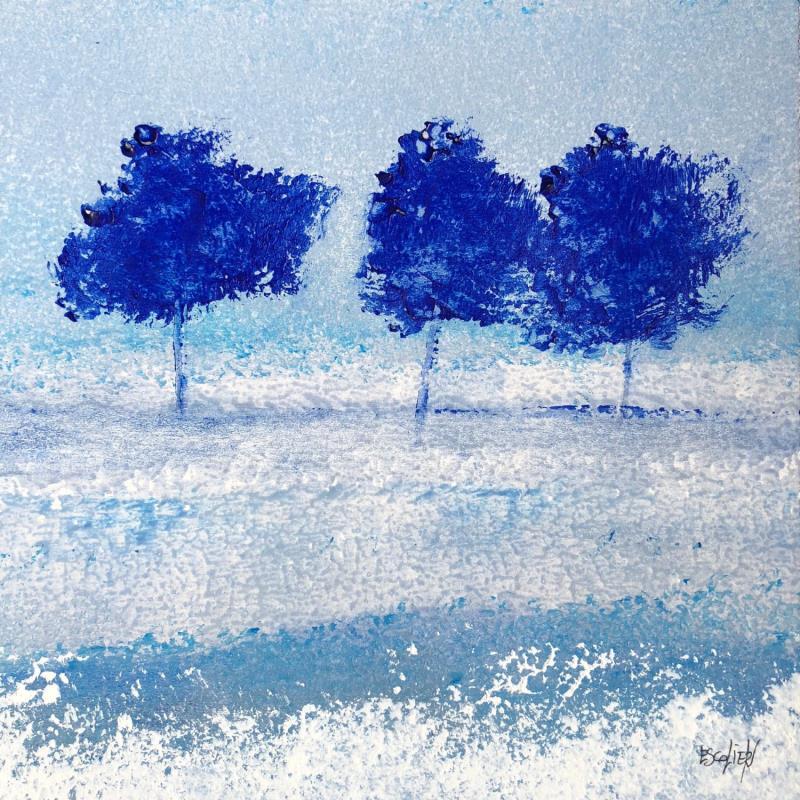 Painting Trois arbres bleus by Escolier Odile | Painting Figurative Acrylic, Cardboard, Sand Landscapes