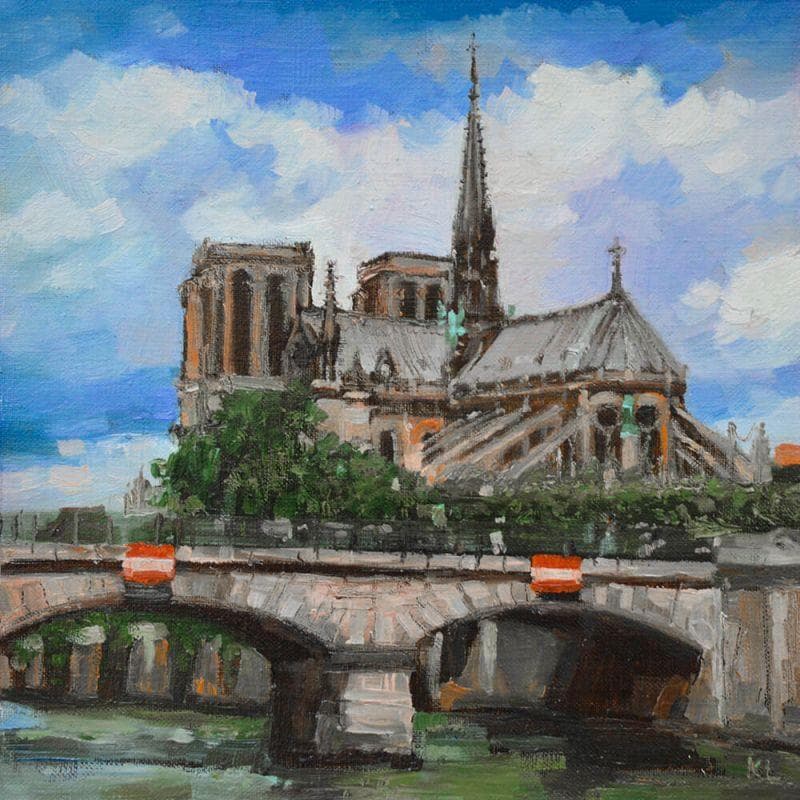 Peinture Notre Dame de Paris par Lokotska Katie  | Tableau Figuratif Urbain Huile