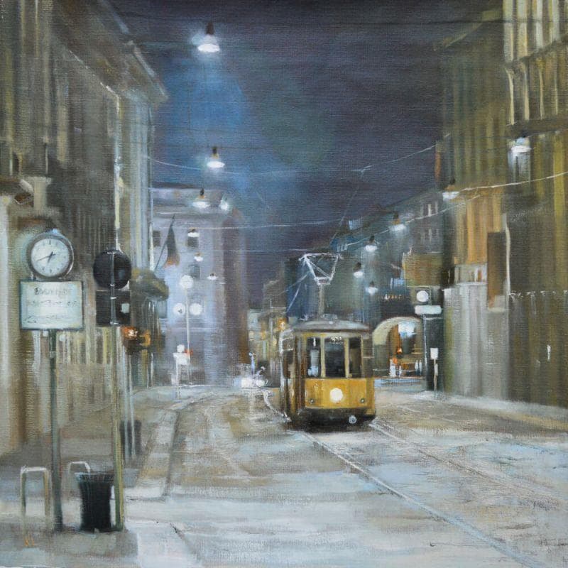 Peinture Night tram par Lokotska Katie  | Tableau Figuratif Urbain Huile