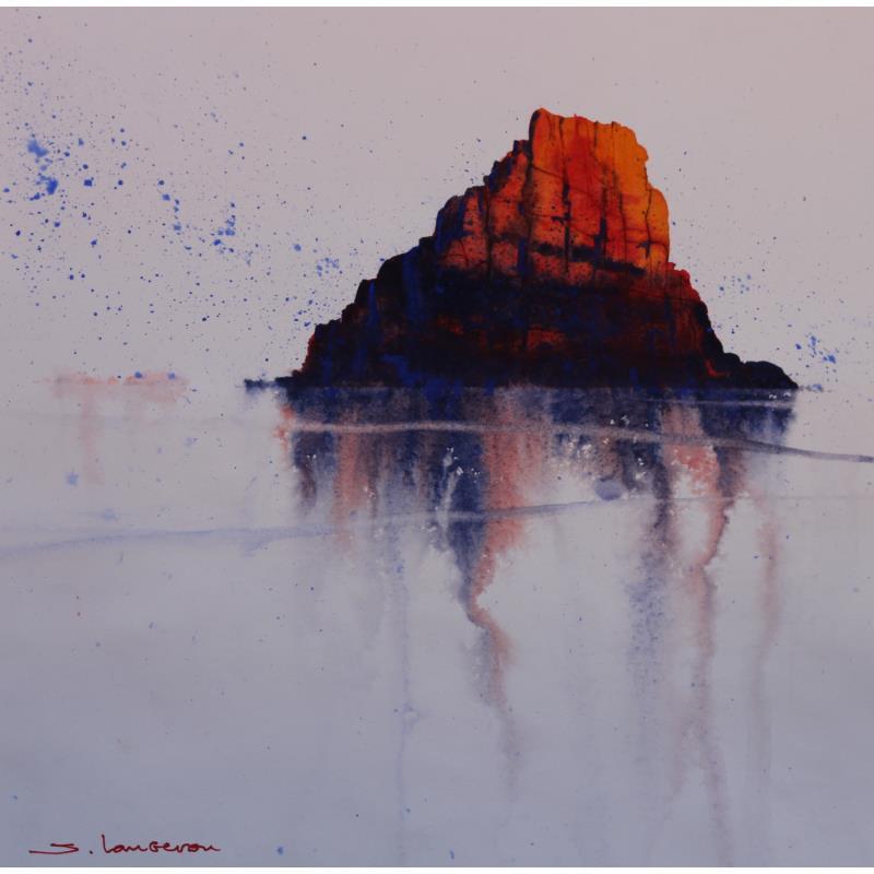 Peinture Crépuscule rougeoyant sur un îlot par Langeron Stéphane | Tableau Matiérisme Aquarelle