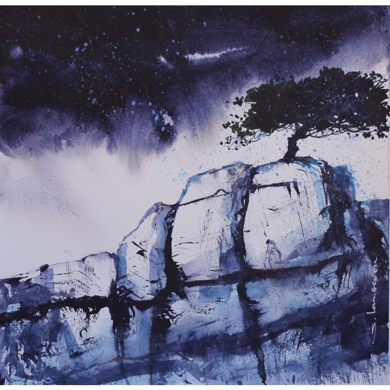 Peinture Un pin sous la tempête par Langeron Stéphane | Tableau Matiérisme Aquarelle