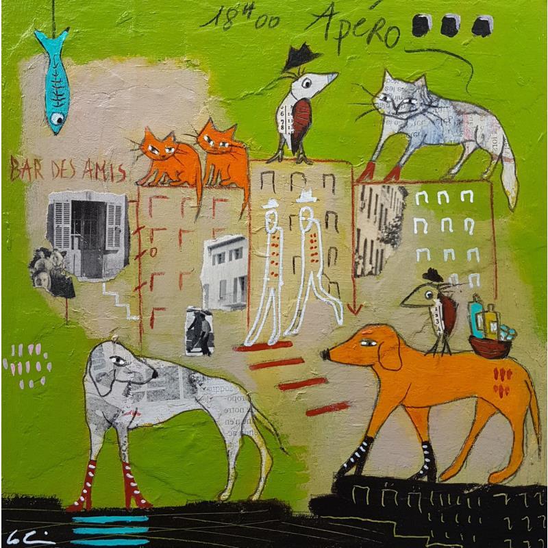 Gemälde L'apéro  von Colin Sylvie | Gemälde Art brut Tiere Acryl Collage Pastell
