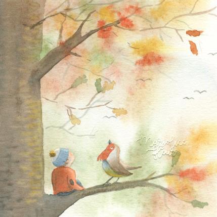 Painting L'enfant et l'oiseau by Marjoline Fleur | Painting Figurative Watercolor Animals, Landscapes, Life style