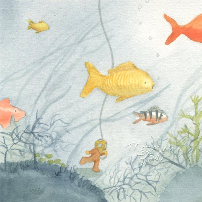 Gemälde Le banc de poisson von Marjoline Fleur | Gemälde Figurativ Landschaften Alltagsszenen Tiere Aquarell