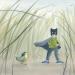Gemälde Le super héros et la mésange masquée von Marjoline Fleur | Gemälde Figurativ Alltagsszenen Tiere Aquarell