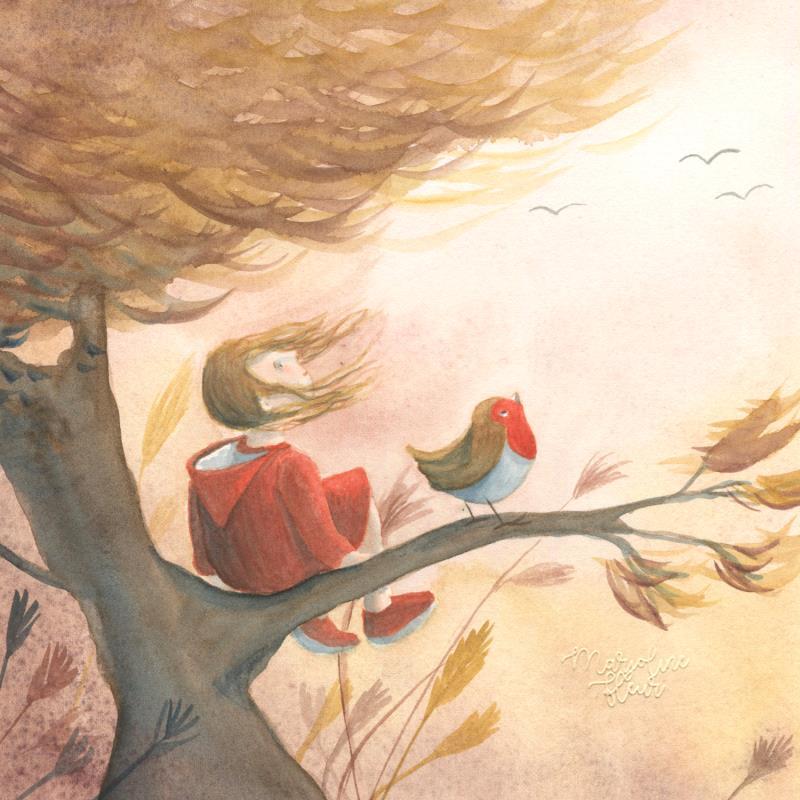 Gemälde Le chaperon rouge et l'oiseau von Marjoline Fleur | Gemälde Figurativ Aquarell Alltagsszenen, Landschaften, Pop-Ikonen, Tiere