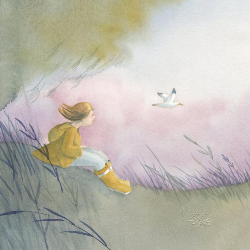 Painting La fillette dans le vent by Marjoline Fleur | Painting Figurative Watercolor Animals, Child, Nature, Pop icons