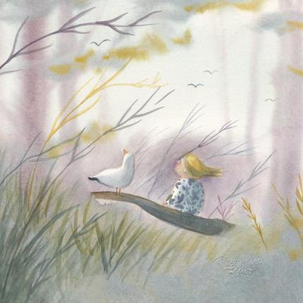 Peinture La fillette et la mouette par Fleur Marjoline  | Tableau Figuratif Aquarelle animaux, Enfant, Nature