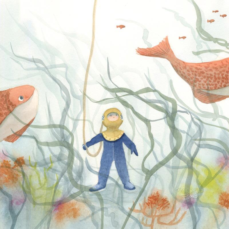 Painting L'enfant, l'océan et les poissons by Marjoline Fleur | Painting Figurative Watercolor Animals, Landscapes, Life style