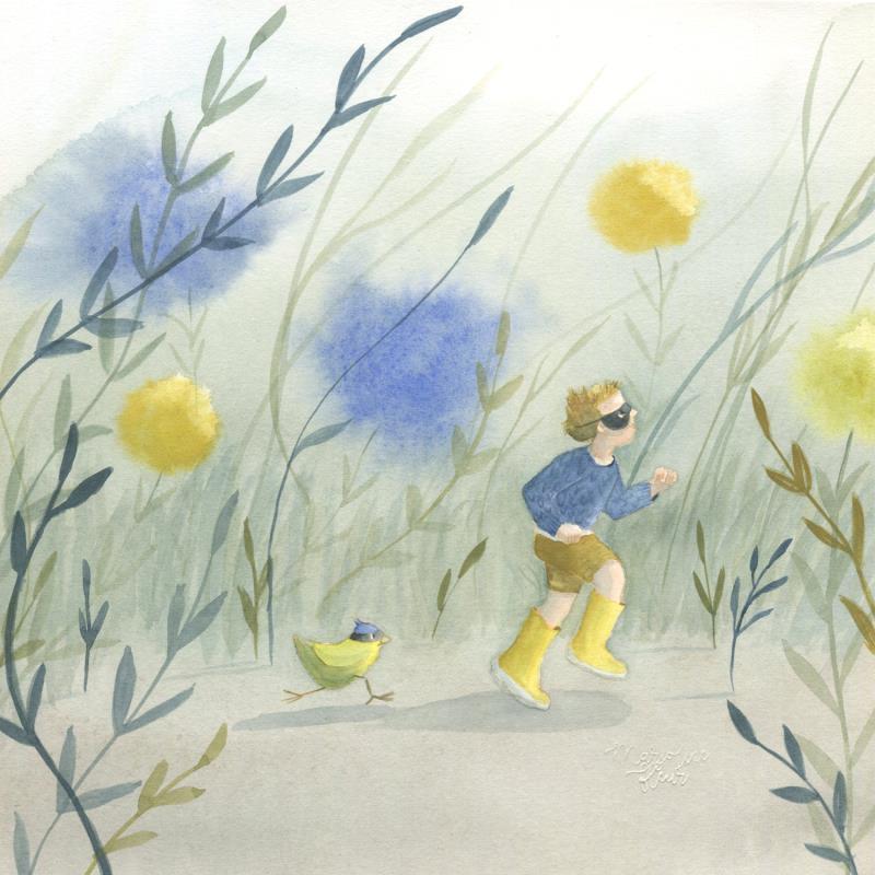 Gemälde Courir au milieu des fleurs jaunes von Marjoline Fleur | Gemälde Figurativ Aquarell Alltagsszenen, Landschaften, Tiere