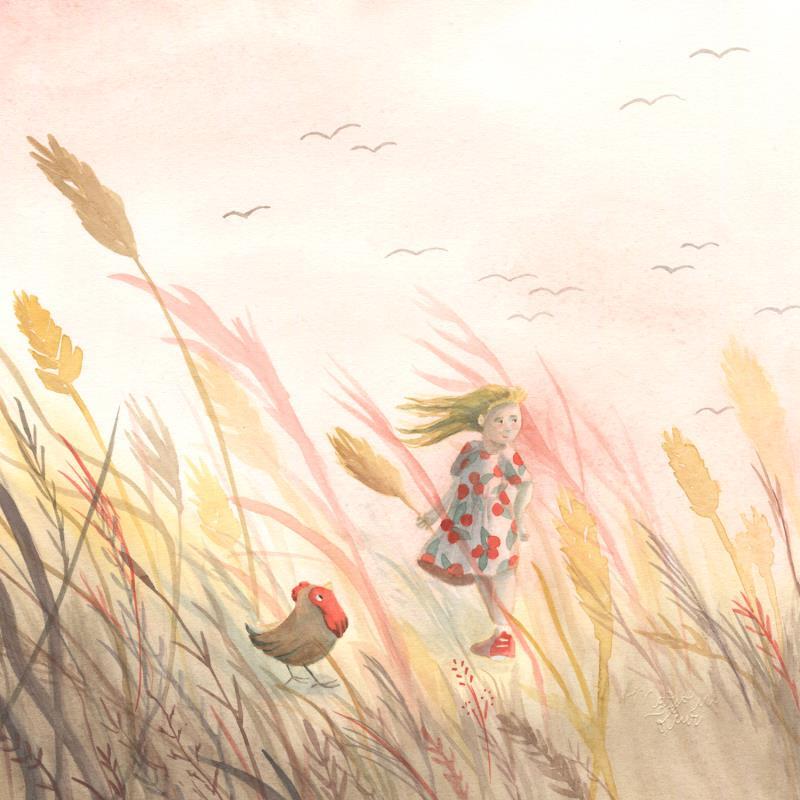 Peinture La petite poule et la fillette par Marjoline Fleur | Tableau Figuratif Aquarelle animaux, Paysages, scènes de vie