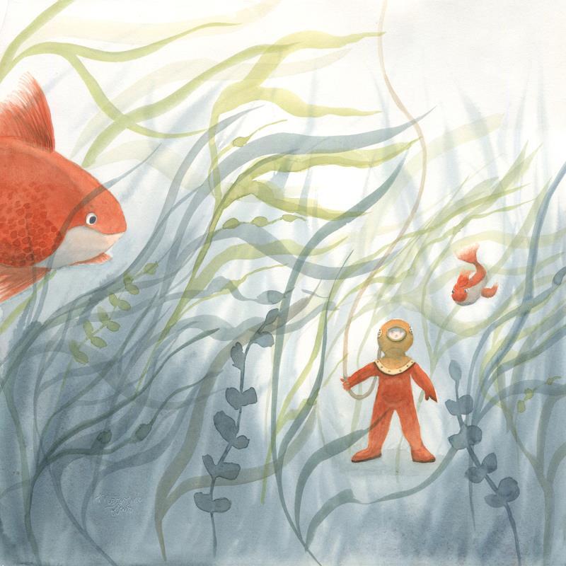 Peinture Le poisson rouge et le scaphandrier par Marjoline Fleur | Tableau Figuratif Scènes de vie Animaux Aquarelle