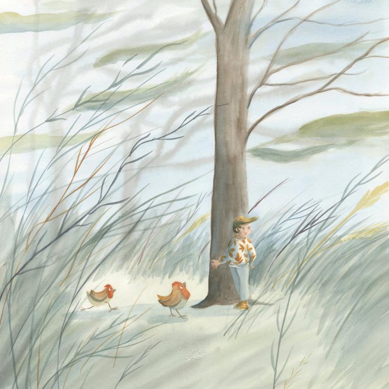 Painting la fillette et les deux poulettes by Fleur Marjoline  | Painting Figurative Watercolor Animals, Child, Nature