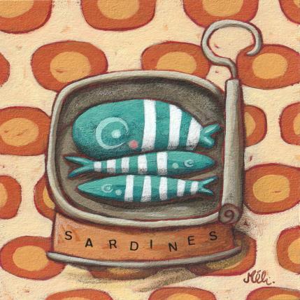 Gemälde Trois sardines en boîte von Catoni Melina | Gemälde Naive Kunst Acryl, Pappe Alltagsszenen, Stillleben, Tiere