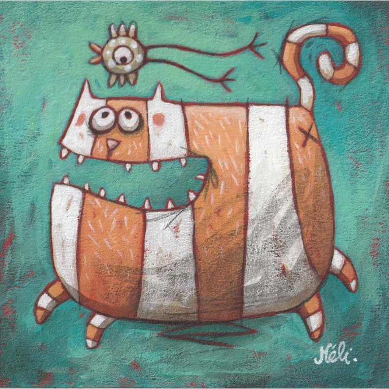 Painting Chat chasseur by Catoni Melina | Painting Naive art Life style Animals Cardboard Acrylic