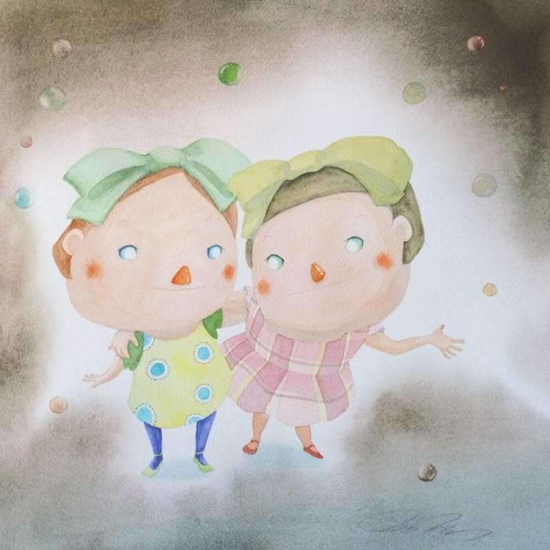 Painting Best friends by Masukawa Masako | Painting Naive art Life style Watercolor