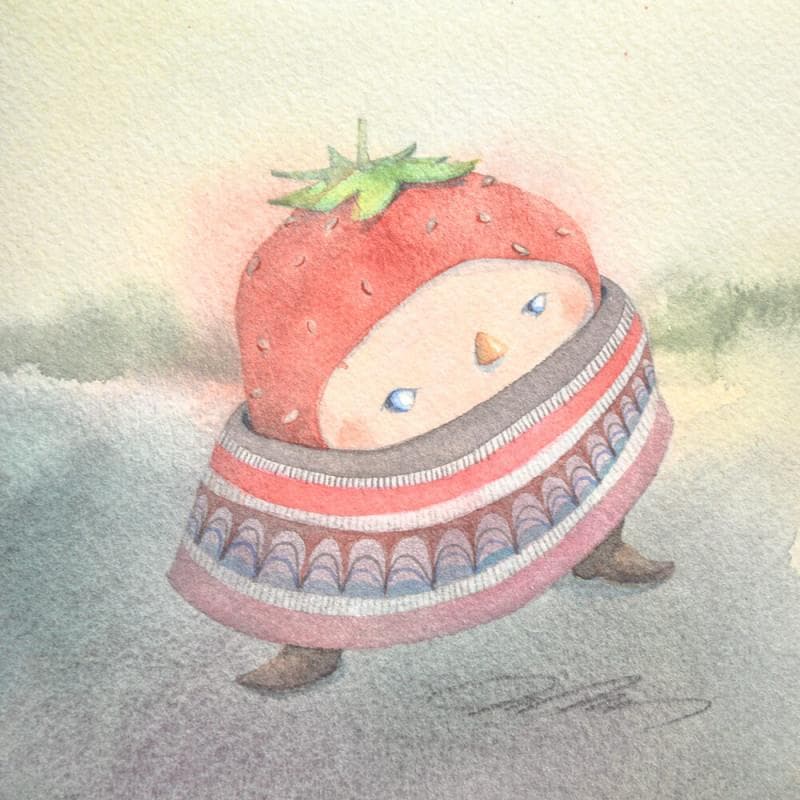 Peinture Strawberry child par Masukawa Masako | Tableau Art naïf Aquarelle scènes de vie