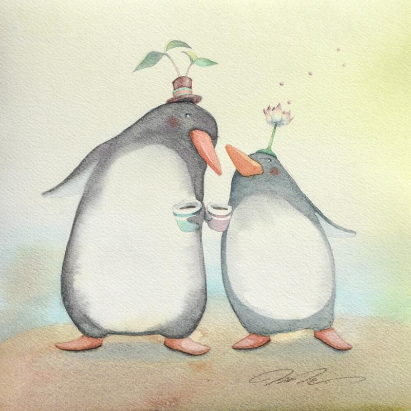 Painting Penguin lovers by Masukawa Masako | Painting Naive art Watercolor Life style