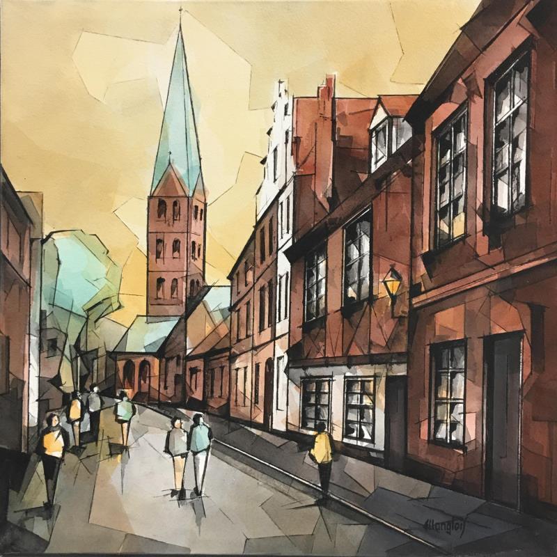 Painting Rue á Lübeck by Langlois Jean-Luc | Painting Figurative Watercolor Urban