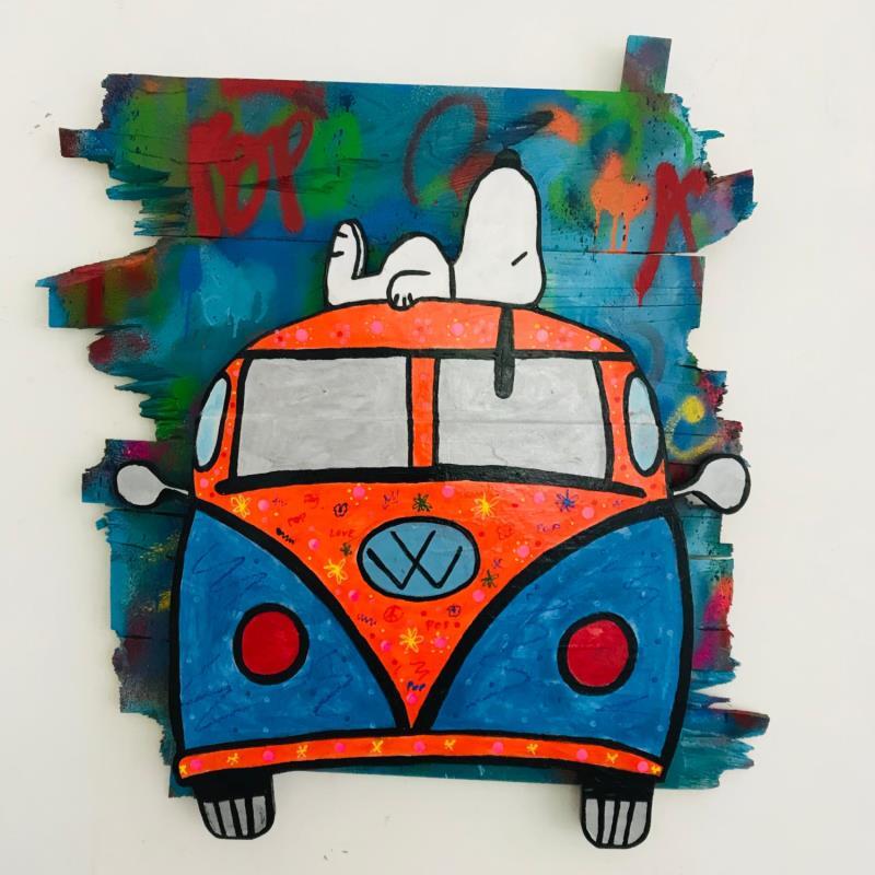 Gemälde Snoopy direction la playa von Kikayou | Gemälde Pop-Art Pop-Ikonen Graffiti Holz
