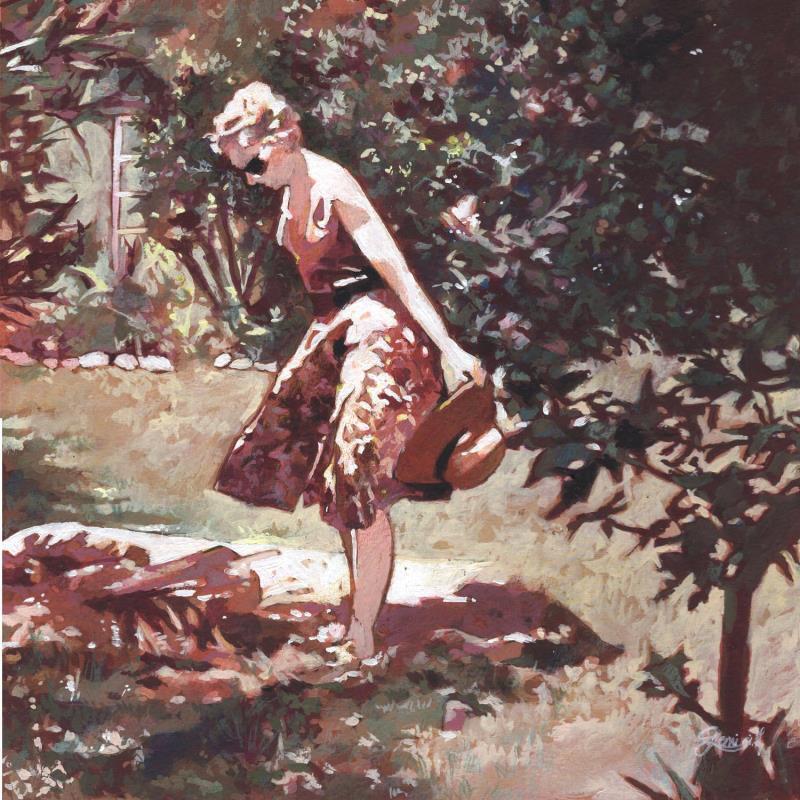 Gemälde A l'ombre des lauriers von Gemini. H  | Gemälde Realismus Acryl, Öl Alltagsszenen, Natur