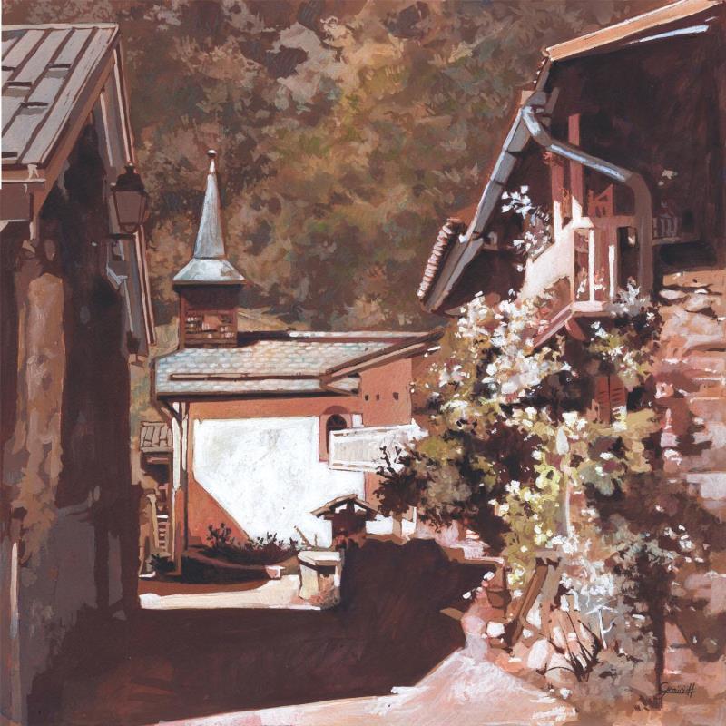 Painting Megève au mois d'août by Gemini. H  | Painting Realism Acrylic, Oil Architecture, Urban