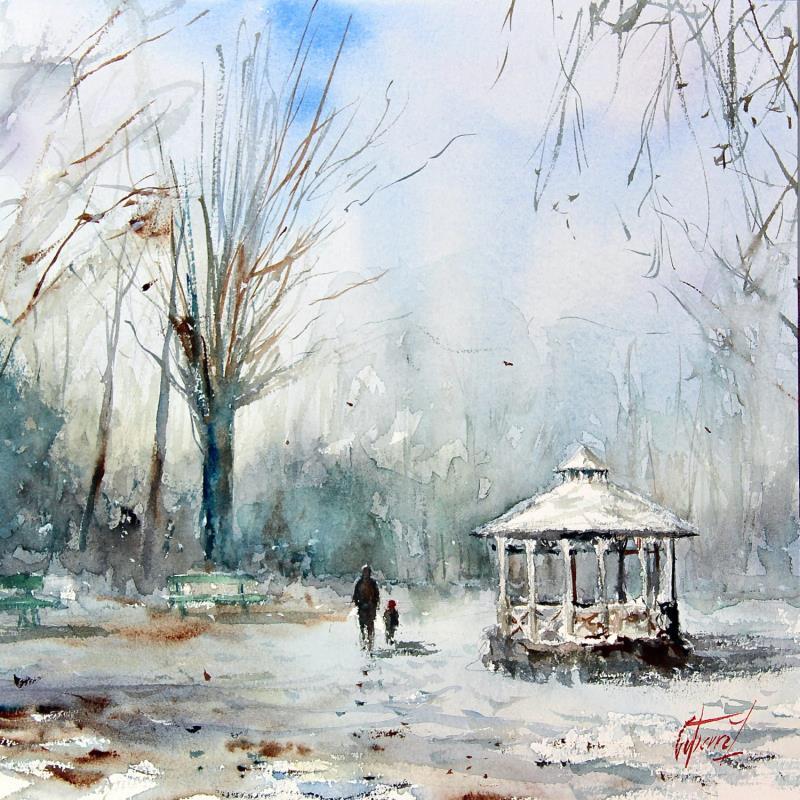 Gemälde L'hiver au jardin des Prébendes von Gutierrez | Gemälde Impressionismus Aquarell Natur