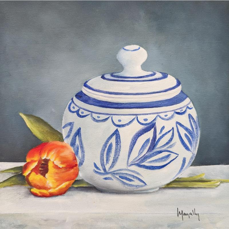 Painting SerieG-F3-G55-DelftPot and  a Red Tulip by Gouveia Magaly  | Painting Figurative Still-life Oil