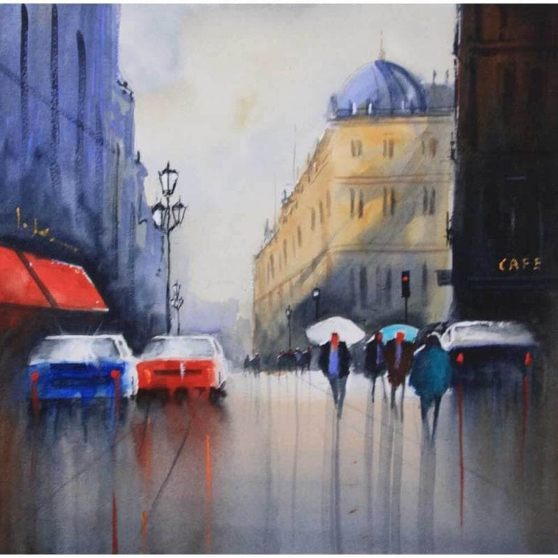 Peinture Rainy Paris par Min Jan | Tableau Figuratif Aquarelle Vues urbaines