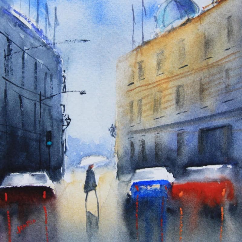 Painting Rainy walk in New York by Min Jan | Painting Figurative Urban Watercolor