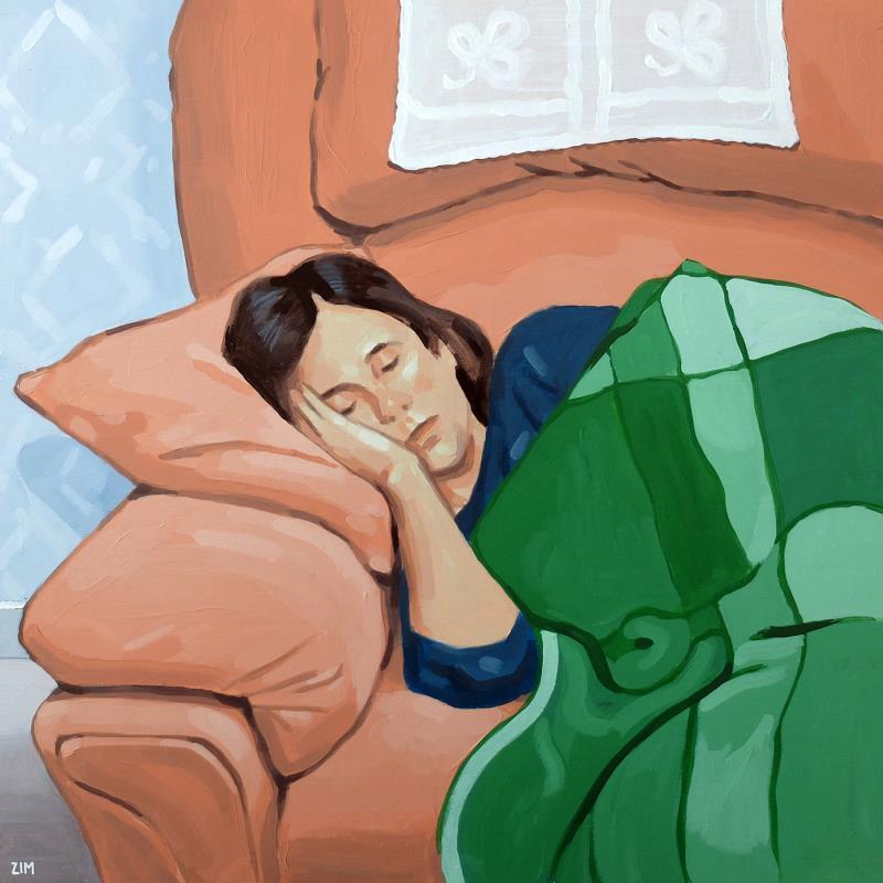 Peinture The green blanket par ZIM | Tableau Figuratif Portraits Société Scènes de vie Acrylique