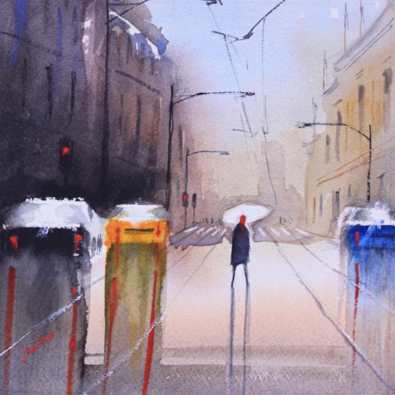 Painting Rainy walk by Min Jan | Painting Figurative Watercolor Urban