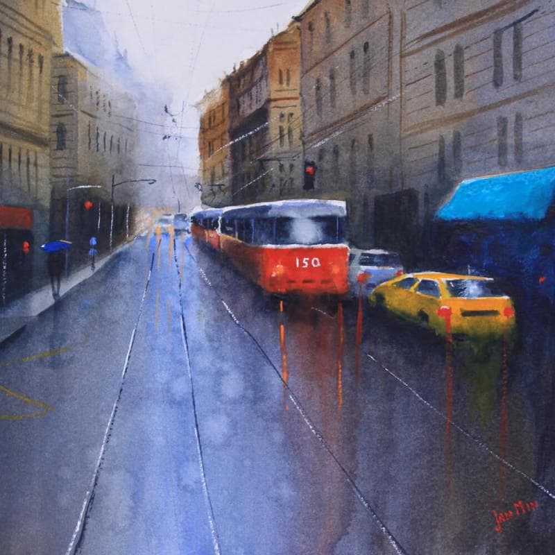 Painting The red bus Prague by Min Jan | Painting Figurative Watercolor Urban