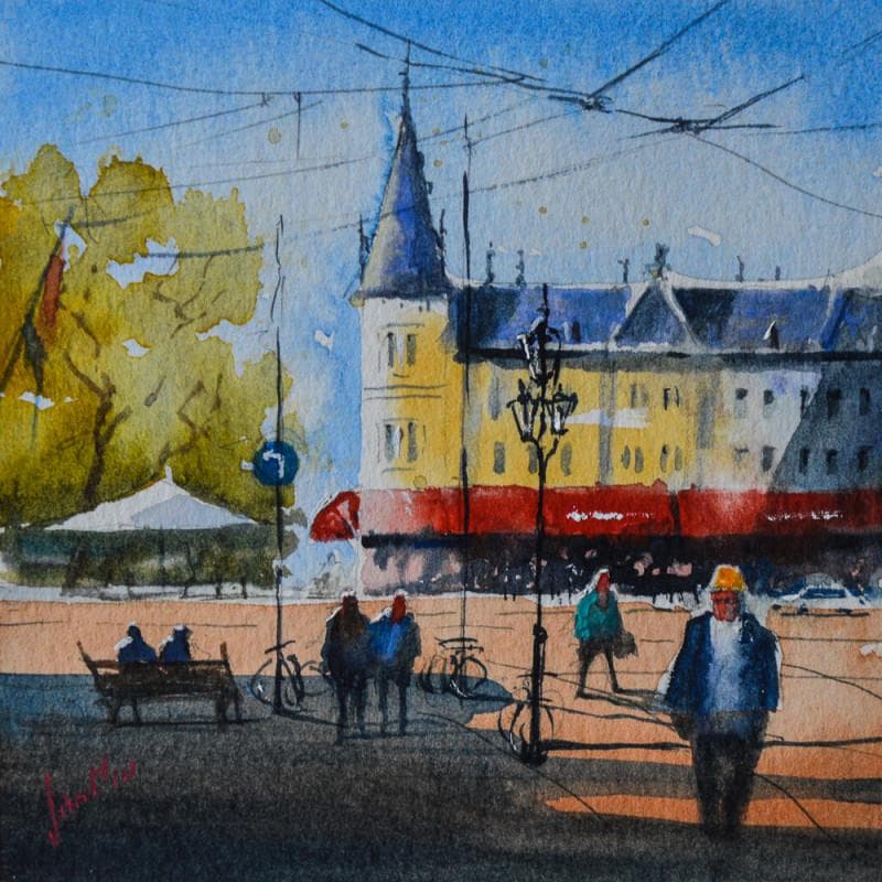 Painting Amsterdam, Rembrandtplein by Min Jan | Painting Figurative Watercolor Urban