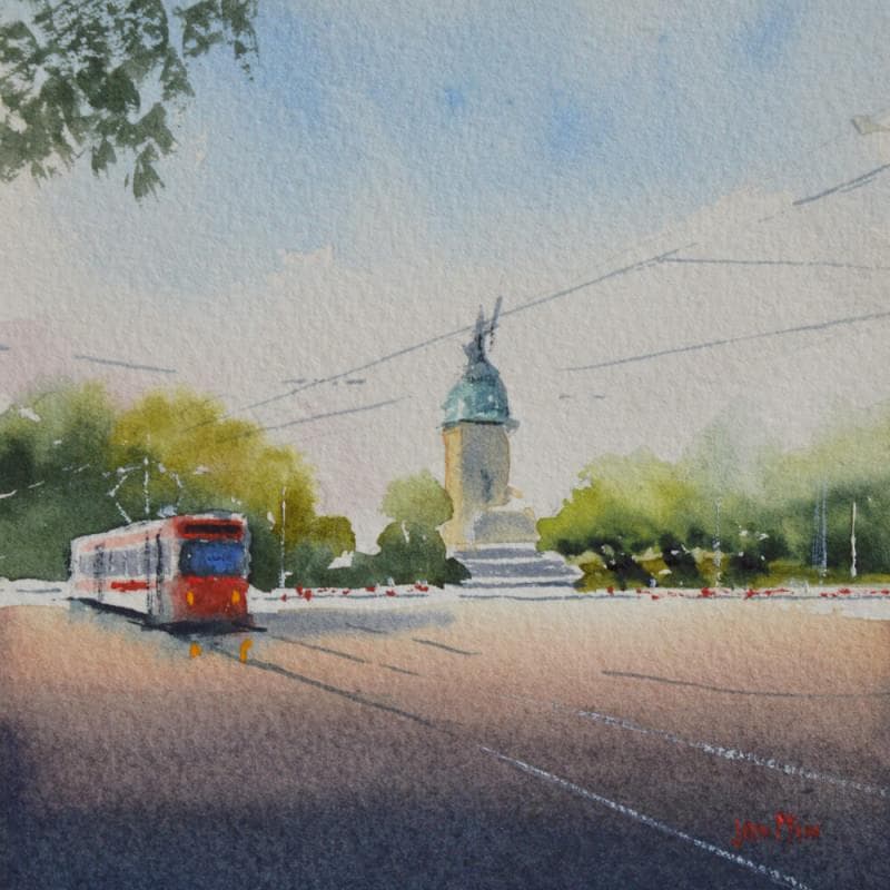 Painting Red tram by Min Jan | Painting Figurative Watercolor Urban