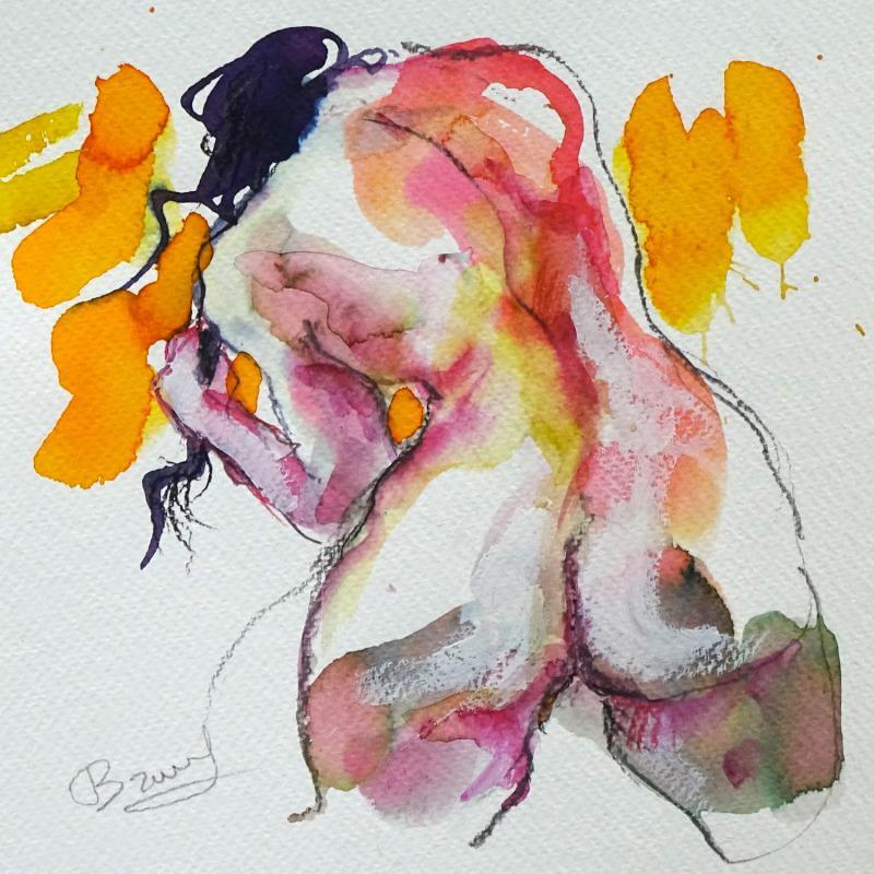 Painting Méline mains aux cheveux by Brunel Sébastien | Painting Figurative Nude Watercolor