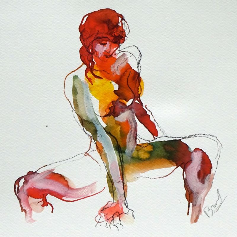 Painting Johanna assise by Brunel Sébastien | Painting Figurative Nude Watercolor