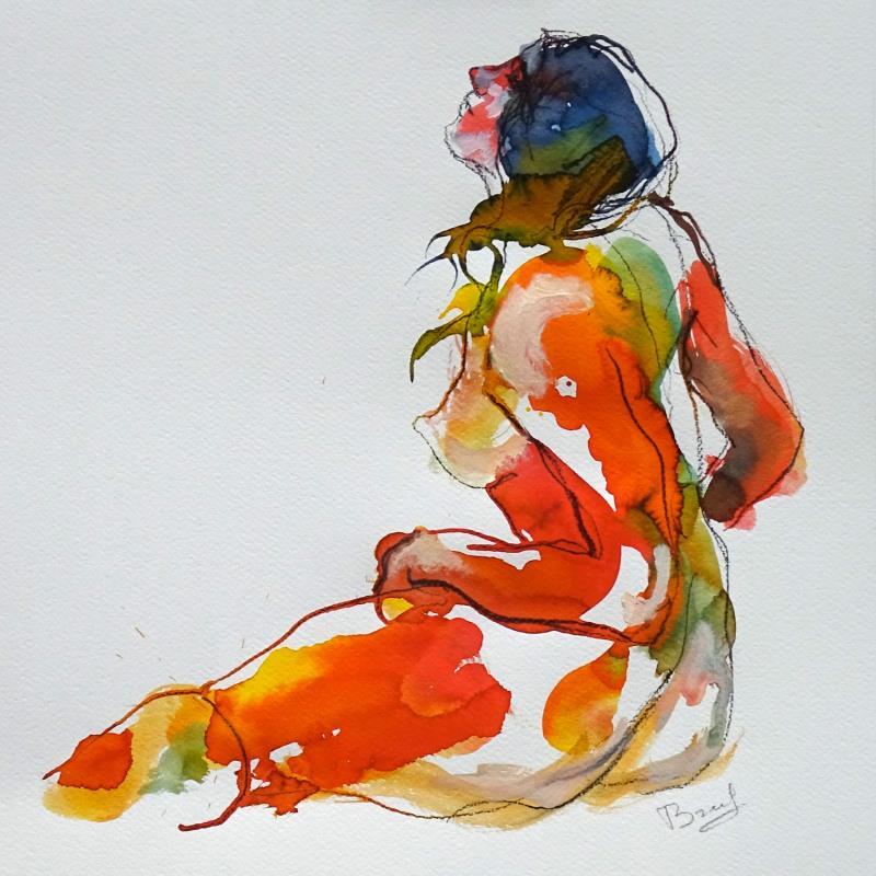 Painting Sarah assise by Brunel Sébastien | Painting Figurative Watercolor Nude