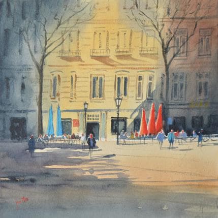 Painting Spui by Min Jan | Painting Figurative Watercolor Urban