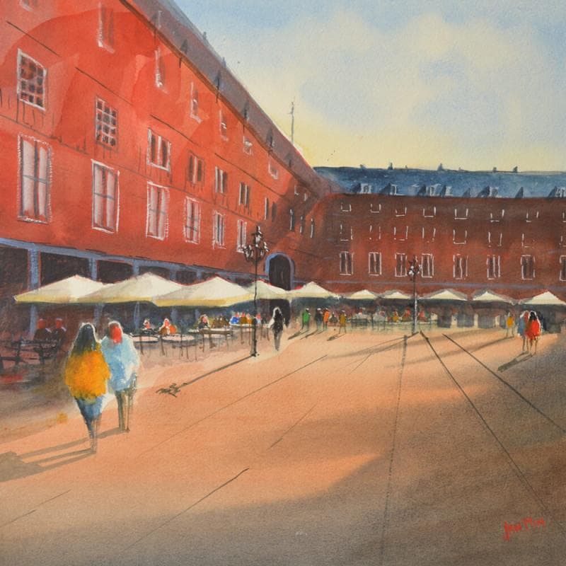 Painting Plaza Mayor by Min Jan | Painting Figurative Watercolor Urban